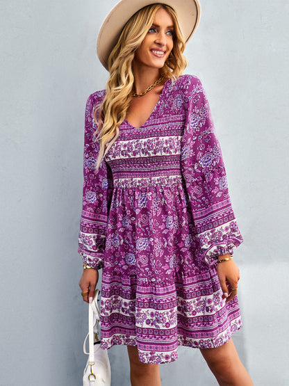 Casual Dresses- Bohemian Smocked Bodice Long Sleeve Dress for Fall Casuals- - Pekosa Women Clothing