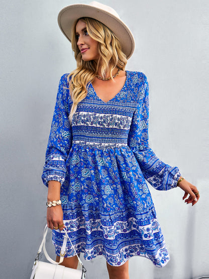 Casual Dresses- Bohemian Smocked Bodice Long Sleeve Dress for Fall Casuals- - Pekosa Women Clothing