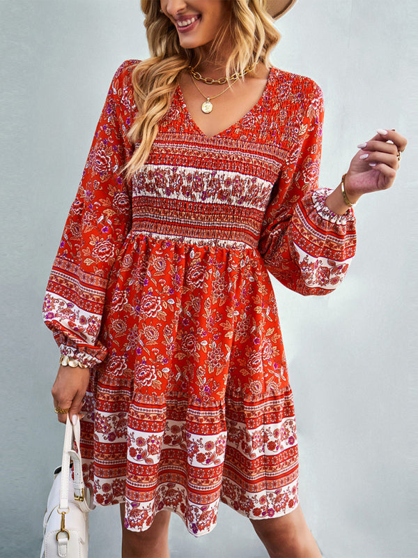 Casual Dresses- Bohemian Smocked Bodice Long Sleeve Dress for Fall Casuals- Red- Pekosa Women Clothing