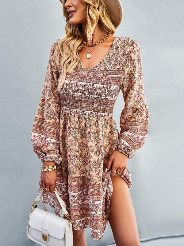 Casual Dresses- Bohemian Smocked Bodice Long Sleeve Dress for Fall Casuals- - Pekosa Women Clothing