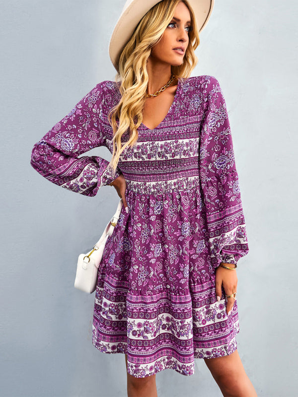 Casual Dresses- Bohemian Smocked Bodice Long Sleeve Dress for Fall Casuals- - Pekosa Women Clothing