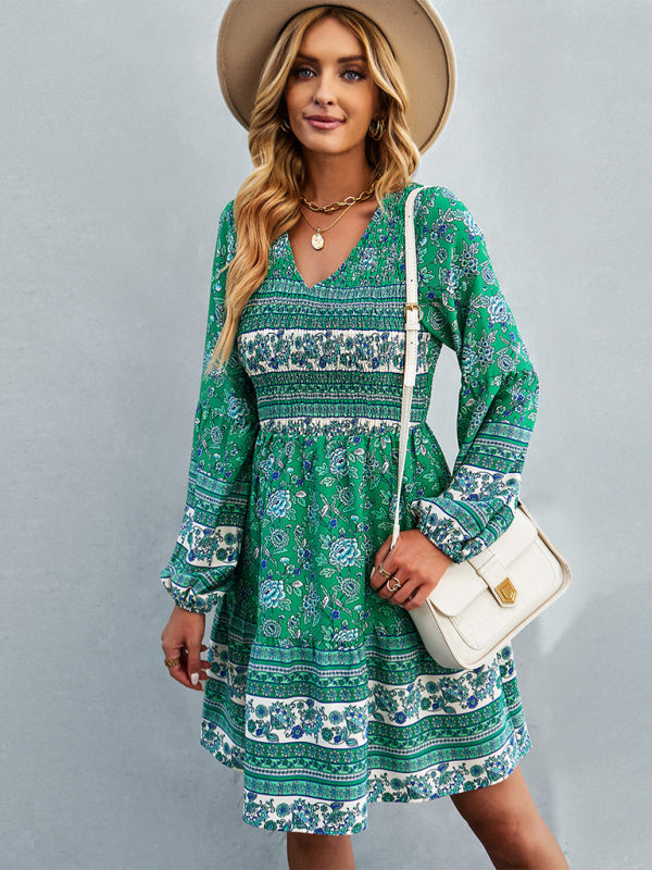 Casual Dresses- Bohemian Smocked Bodice Long Sleeve Dress for Fall Casuals- Green- Pekosa Women Clothing