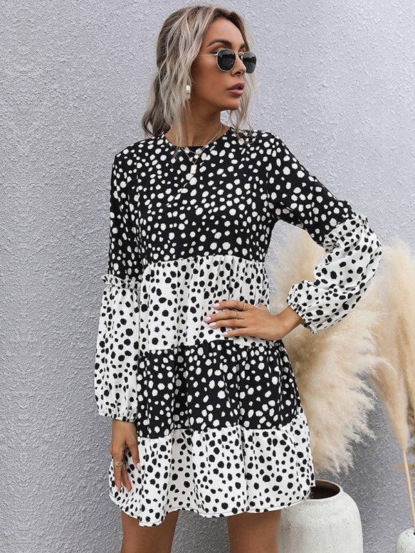 Casual Dresses- Dotty Print Long Sleeve Dress- - Pekosa Women Clothing