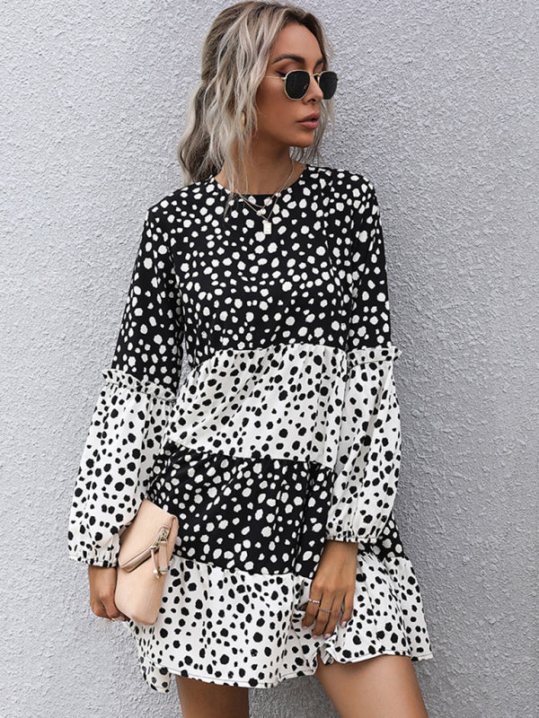 Casual Dresses- Dotty Print Long Sleeve Dress- Black- Pekosa Women Clothing