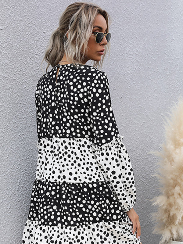 Casual Dresses- Dotty Print Long Sleeve Dress- - Pekosa Women Clothing