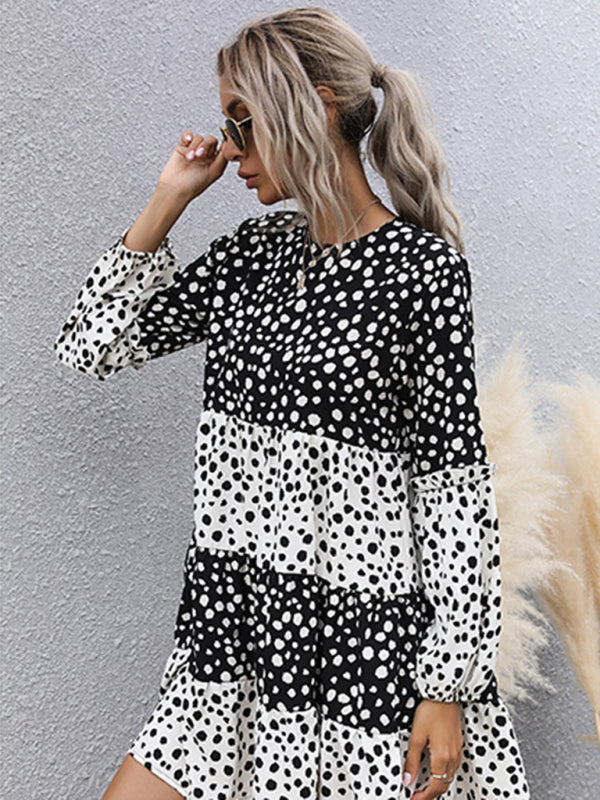 Casual Dresses- Dotty Print Long Sleeve Dress- - Pekosa Women Clothing