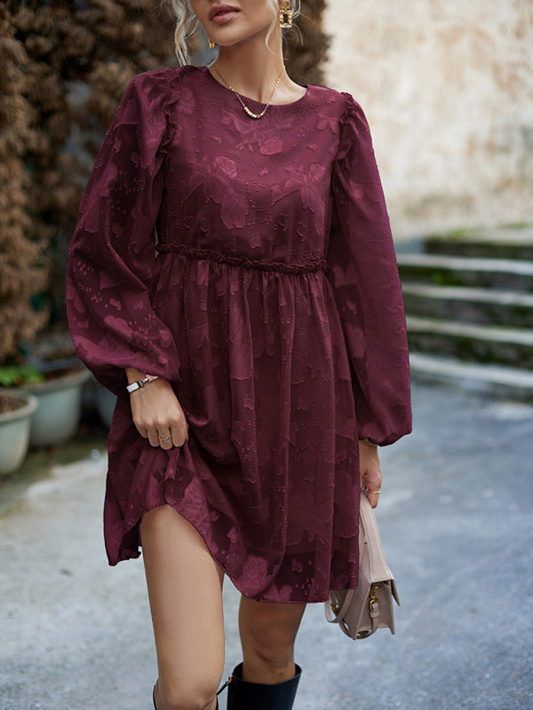 Casual Dresses- Floral Jacquard A-Line Dress with Lantern Sleeves & Frills- Wine Red- Pekosa Women Clothing