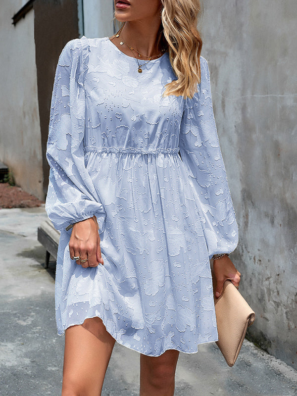 Casual Dresses- Floral Jacquard A-Line Dress with Lantern Sleeves & Frills- - Pekosa Women Clothing