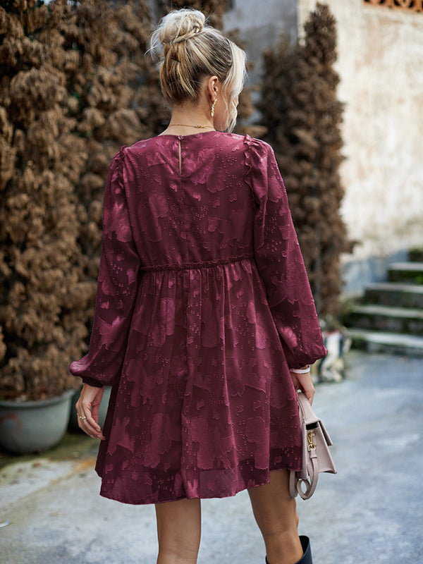 Casual Dresses- Floral Jacquard A-Line Dress with Lantern Sleeves & Frills- - Pekosa Women Clothing