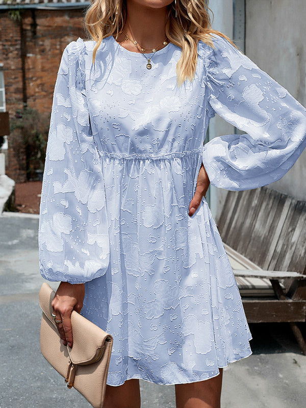 Casual Dresses- Floral Jacquard A-Line Dress with Lantern Sleeves & Frills- Blue grey- Pekosa Women Clothing