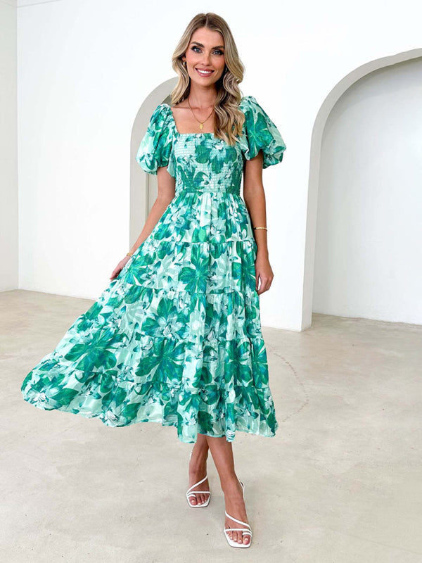 Casual Dresses- Floral Tiered Off Shoulder Smocked A-Line Midi Dress- Green- Pekosa Women Clothing