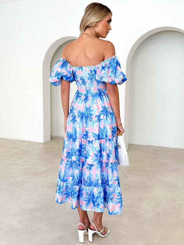 Casual Dresses- Floral Tiered Off Shoulder Smocked A-Line Midi Dress- - Pekosa Women Clothing