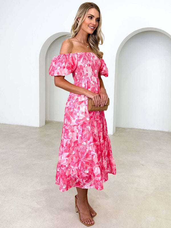 Casual Dresses- Floral Tiered Off Shoulder Smocked A-Line Midi Dress- - Pekosa Women Clothing