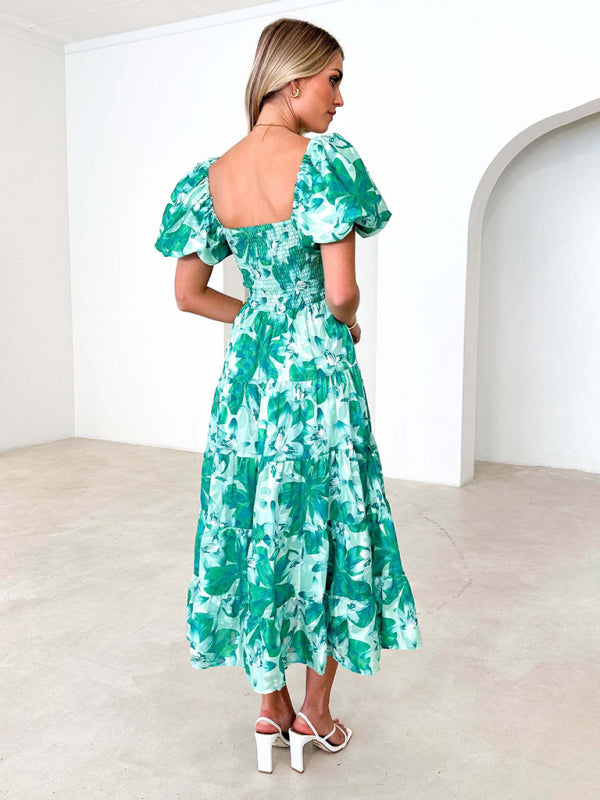 Casual Dresses- Floral Tiered Off Shoulder Smocked A-Line Midi Dress- - Pekosa Women Clothing