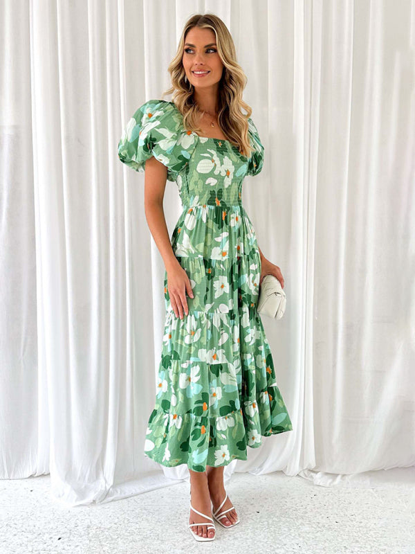 Casual Dresses- Floral Tiered Off Shoulder Smocked A-Line Midi Dress- - Pekosa Women Clothing