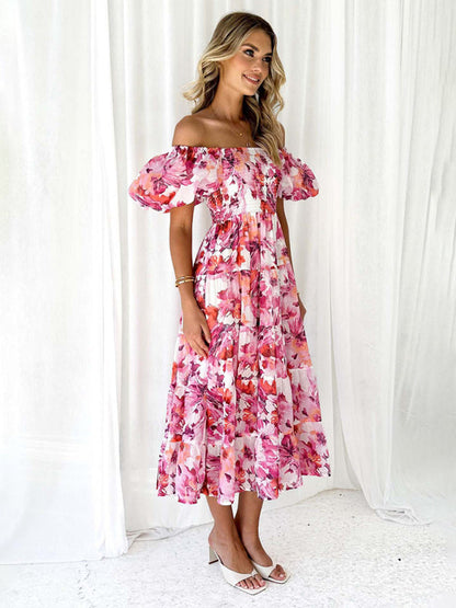 Casual Dresses- Floral Tiered Off Shoulder Smocked A-Line Midi Dress- - Pekosa Women Clothing