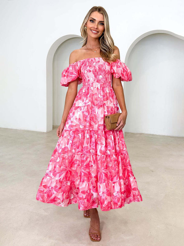 Casual Dresses- Floral Tiered Off Shoulder Smocked A-Line Midi Dress- Pink- Pekosa Women Clothing