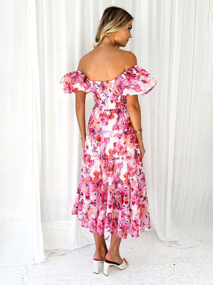 Casual Dresses- Floral Tiered Off Shoulder Smocked A-Line Midi Dress- - Pekosa Women Clothing