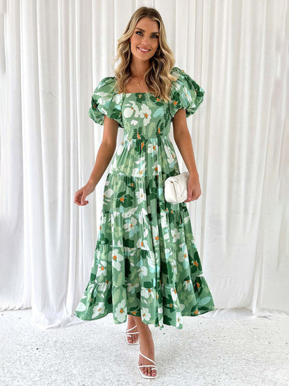 Casual Dresses- Floral Tiered Off Shoulder Smocked A-Line Midi Dress- Pale green- Pekosa Women Clothing