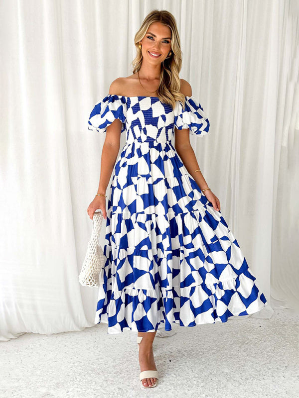 Casual Dresses- Floral Tiered Off Shoulder Smocked A-Line Midi Dress- Blue- Pekosa Women Clothing