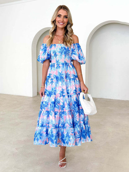 Casual Dresses- Floral Tiered Off Shoulder Smocked A-Line Midi Dress- Sky blue azure- Pekosa Women Clothing