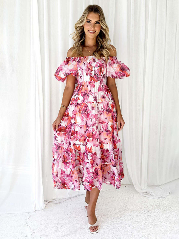 Casual Dresses- Floral Tiered Off Shoulder Smocked A-Line Midi Dress- Rose viole- Pekosa Women Clothing