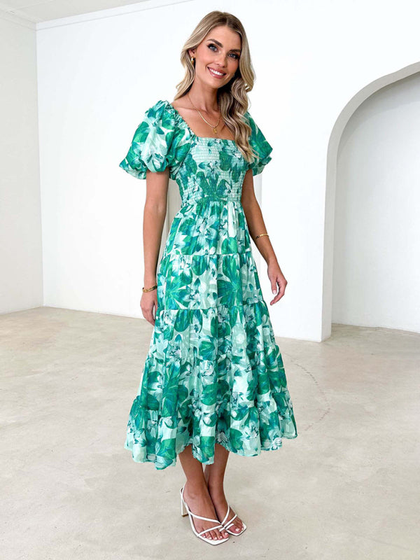 Casual Dresses- Floral Tiered Off Shoulder Smocked A-Line Midi Dress- - Pekosa Women Clothing