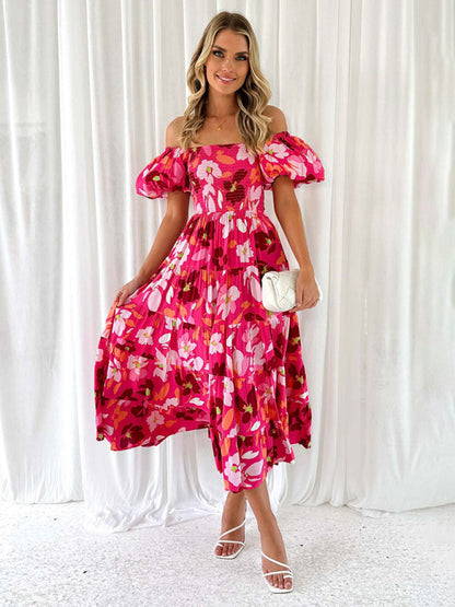 Casual Dresses- Floral Tiered Off Shoulder Smocked A-Line Midi Dress- Rose- Pekosa Women Clothing