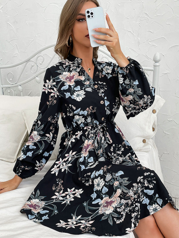 Casual Dresses- Floral V-Neck Waist-Tie Dress with Long Sleeves- - Pekosa Women Clothing