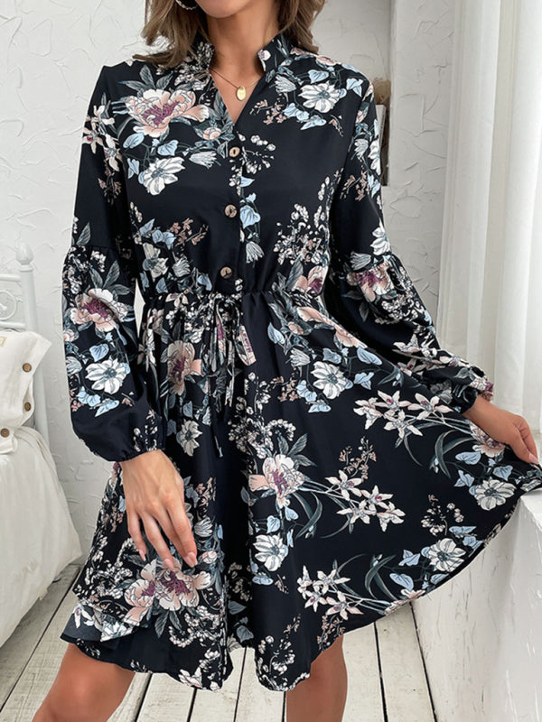 Casual Dresses- Floral V-Neck Waist-Tie Dress with Long Sleeves- - Pekosa Women Clothing