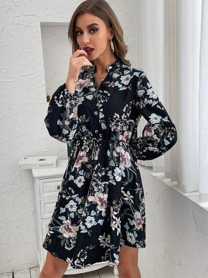 Casual Dresses- Floral V-Neck Waist-Tie Dress with Long Sleeves- - Pekosa Women Clothing