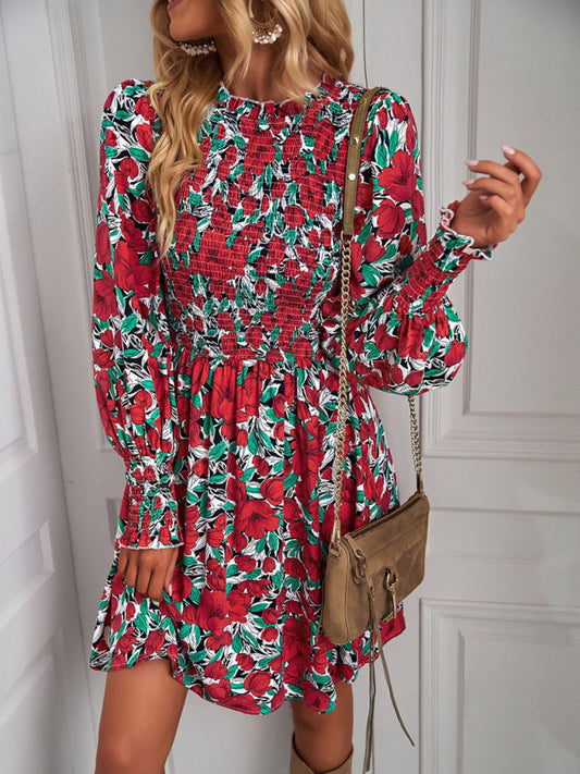 Casual Dresses- Garden Floral A-Line Dress with Lantern Sleeves- Red- Pekosa Women Clothing