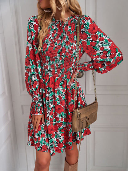 Casual Dresses- Garden Floral A-Line Dress with Lantern Sleeves- - Pekosa Women Clothing