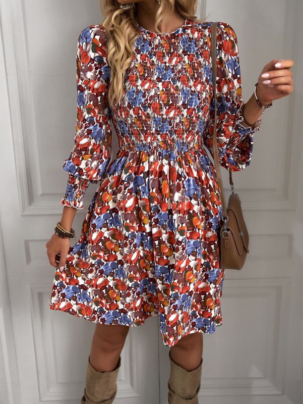 Casual Dresses- Garden Floral A-Line Dress with Lantern Sleeves- Orange- Pekosa Women Clothing