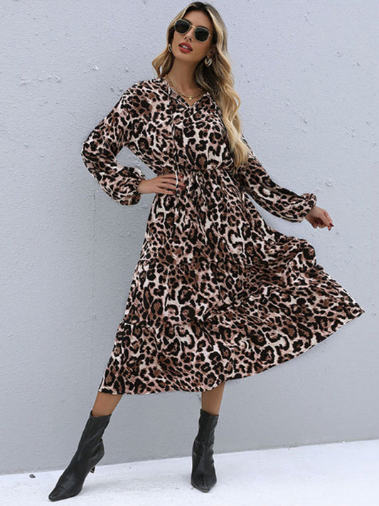 Casual Dresses- Leopard Print Midi Dress with Tiered Ruffles- Leopard Print- Pekosa Women Clothing