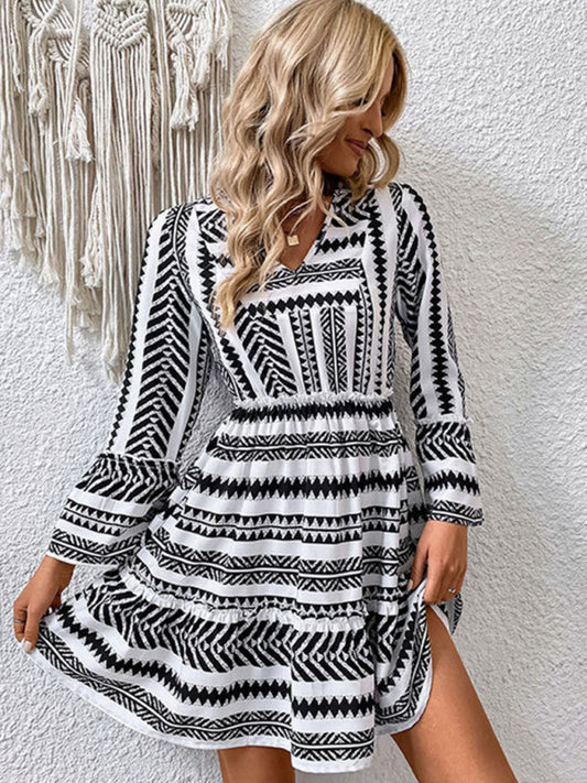 Casual Dresses- Long Sleeve V-Neck A-Line Ruffle Dress in Geo Print- Black- Pekosa Women Clothing