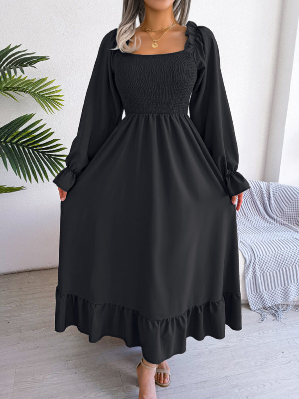 Casual Dresses- Long Sleeves Square Neck Midi Dress in Solid Color with A-Line Fit- Black- Pekosa Women Clothing