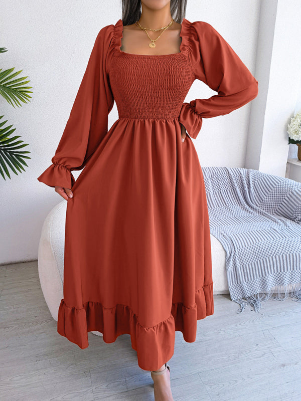 Casual Dresses- Long Sleeves Square Neck Midi Dress in Solid Color with A-Line Fit- Orange- Pekosa Women Clothing