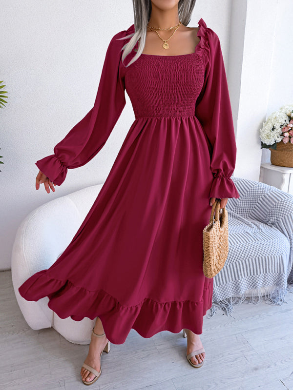 Casual Dresses- Long Sleeves Square Neck Midi Dress in Solid Color with A-Line Fit- - Pekosa Women Clothing