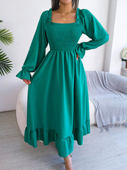 Casual Dresses- Long Sleeves Square Neck Midi Dress in Solid Color with A-Line Fit- Green- Pekosa Women Clothing