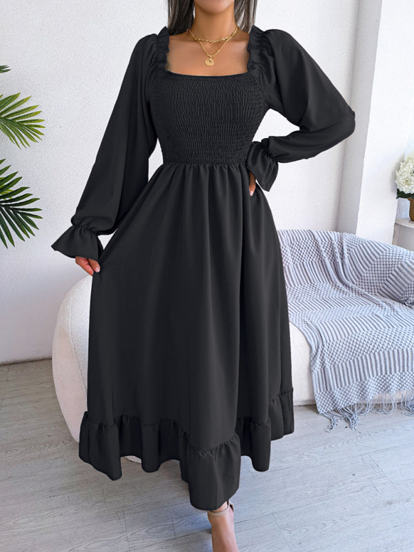 Casual Dresses- Long Sleeves Square Neck Midi Dress in Solid Color with A-Line Fit- - Pekosa Women Clothing