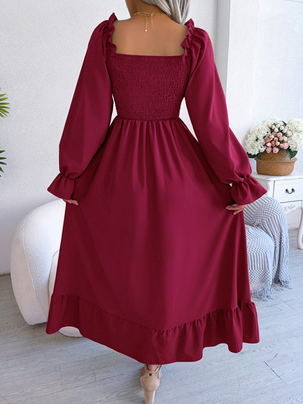 Casual Dresses- Long Sleeves Square Neck Midi Dress in Solid Color with A-Line Fit- - Pekosa Women Clothing