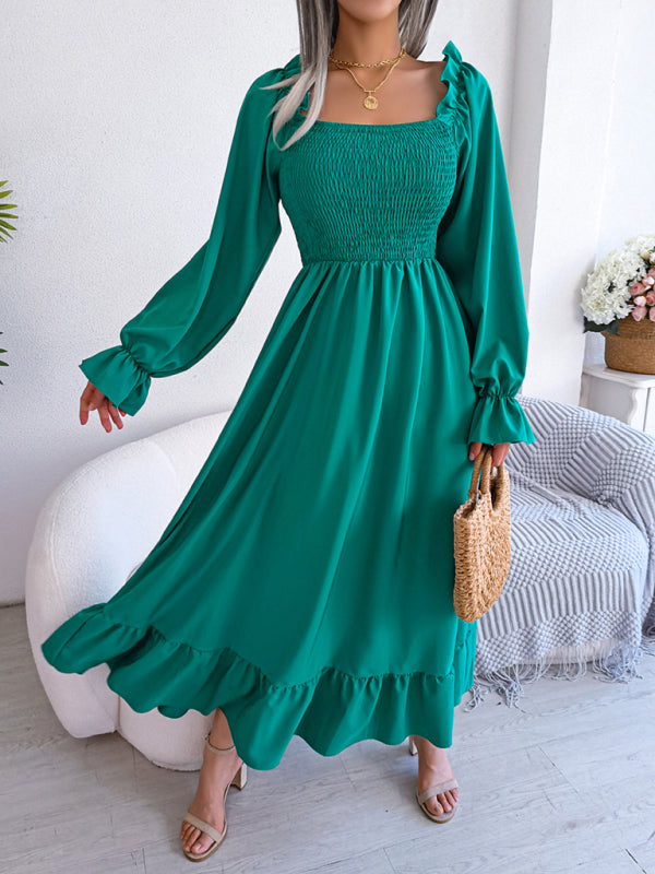 Casual Dresses- Long Sleeves Square Neck Midi Dress in Solid Color with A-Line Fit- - Pekosa Women Clothing