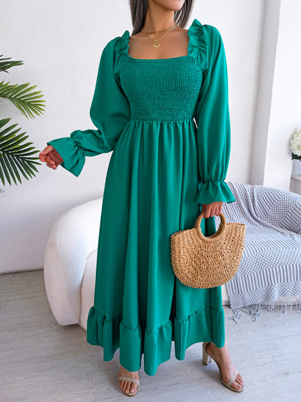 Casual Dresses- Long Sleeves Square Neck Midi Dress in Solid Color with A-Line Fit- - Pekosa Women Clothing