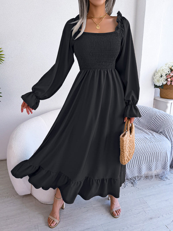 Casual Dresses- Long Sleeves Square Neck Midi Dress in Solid Color with A-Line Fit- - Pekosa Women Clothing