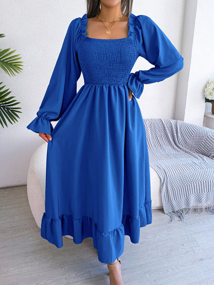 Casual Dresses- Long Sleeves Square Neck Midi Dress in Solid Color with A-Line Fit- - Pekosa Women Clothing