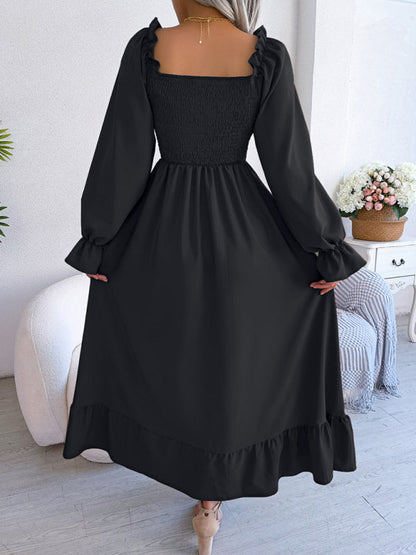 Casual Dresses- Long Sleeves Square Neck Midi Dress in Solid Color with A-Line Fit- - Pekosa Women Clothing