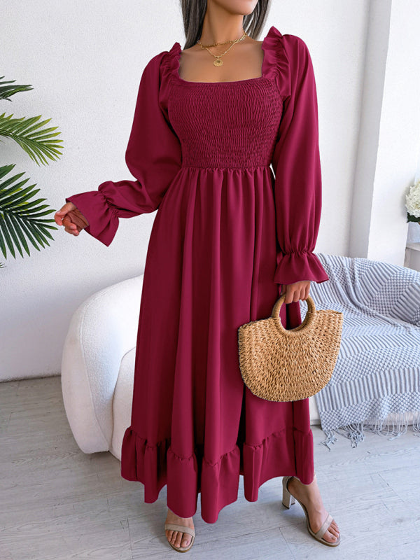 Casual Dresses- Long Sleeves Square Neck Midi Dress in Solid Color with A-Line Fit- - Pekosa Women Clothing