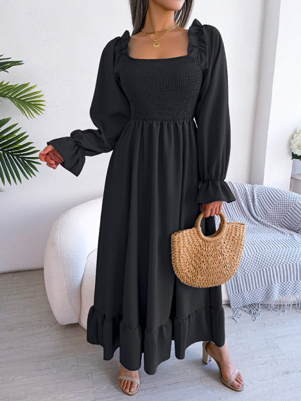 Casual Dresses- Long Sleeves Square Neck Midi Dress in Solid Color with A-Line Fit- - Pekosa Women Clothing