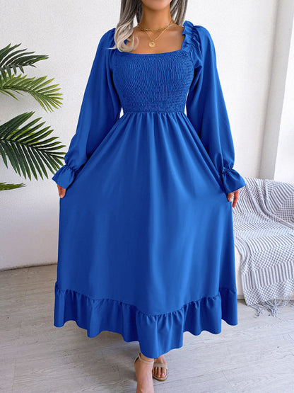 Casual Dresses- Long Sleeves Square Neck Midi Dress in Solid Color with A-Line Fit- Royal blue- Pekosa Women Clothing